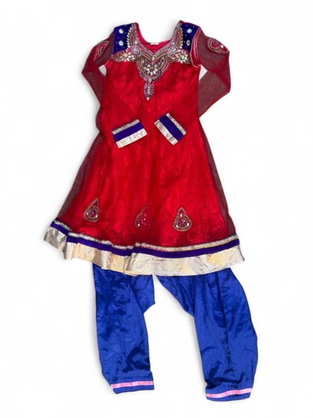 Red lace & blue salwar kameez set bejeweled sheer long sleeves gold trim velvet